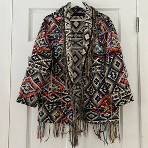 Zara Jacket w Fringe - Kimono Jacquard Boho Duster XS < love this western top >